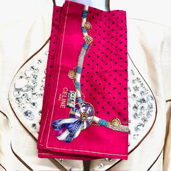 Tag On CELINE  Paris  Avenue Montaignez MiniScarf 21"  Cottn/Silk Dark Pink  (54 - Picture 4 of 8